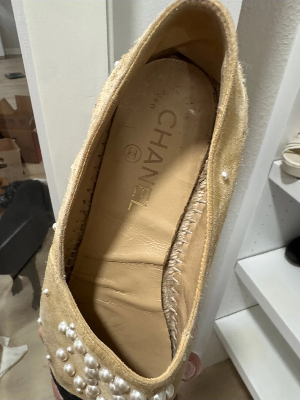 CHANEL Beige and Black Pearl-Embellished Suede Espadrilles